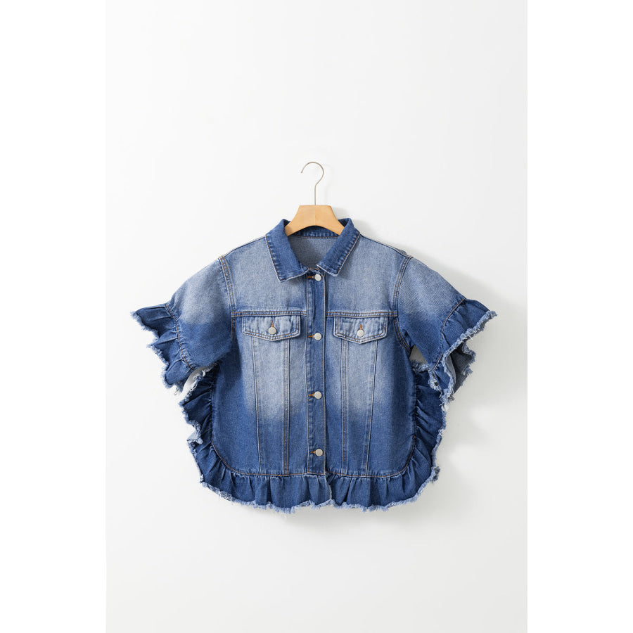 Ruffled Raw Hem Half Sleeve Denim Top Apparel and Accessories