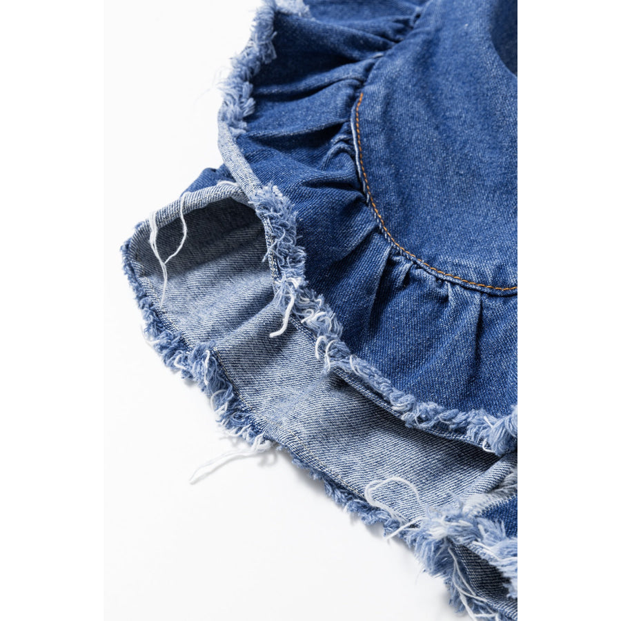 Ruffled Raw Hem Half Sleeve Denim Top Apparel and Accessories