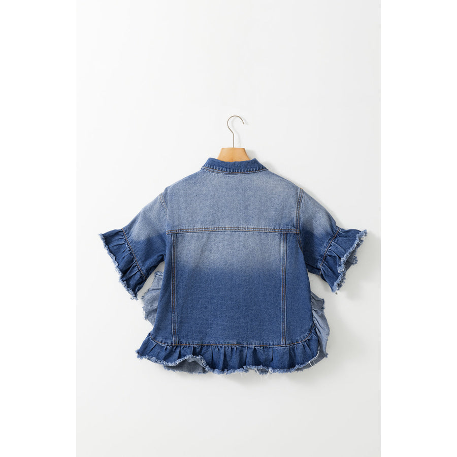 Ruffled Raw Hem Half Sleeve Denim Top Apparel and Accessories