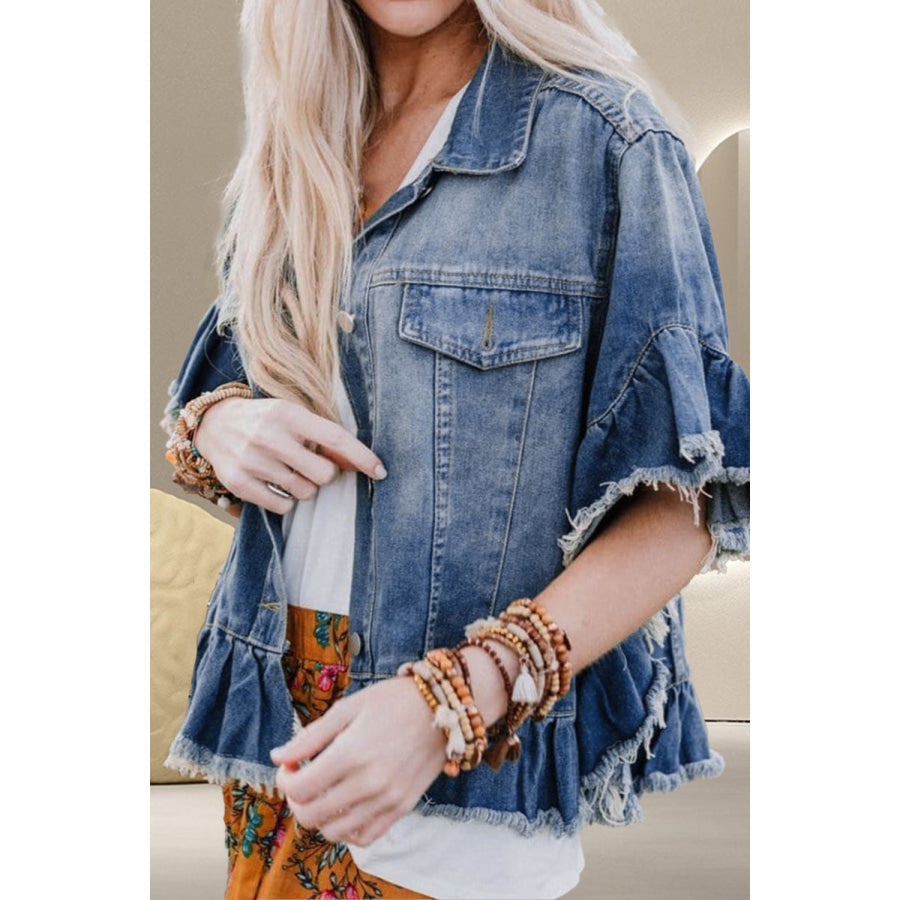 Ruffled Raw Hem Half Sleeve Denim Top Medium / S Apparel and Accessories