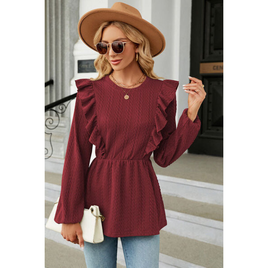 Ruffled Round Neck Balloon Sleeve Blouse Apparel and Accessories