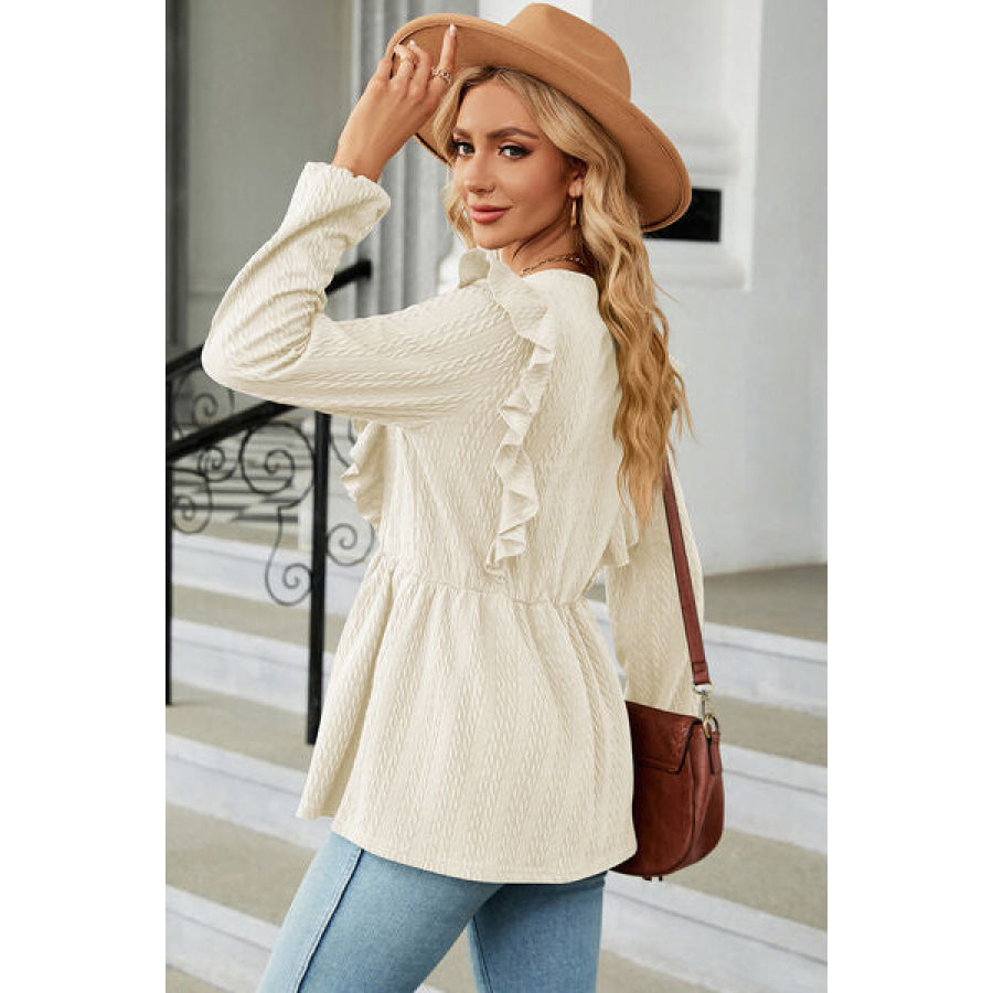 Ruffled Round Neck Balloon Sleeve Blouse Apparel and Accessories