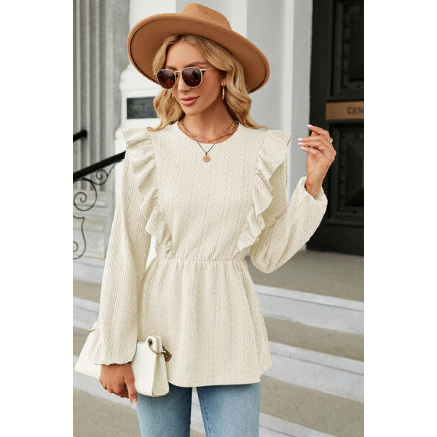 Ruffled Round Neck Balloon Sleeve Blouse Apparel and Accessories