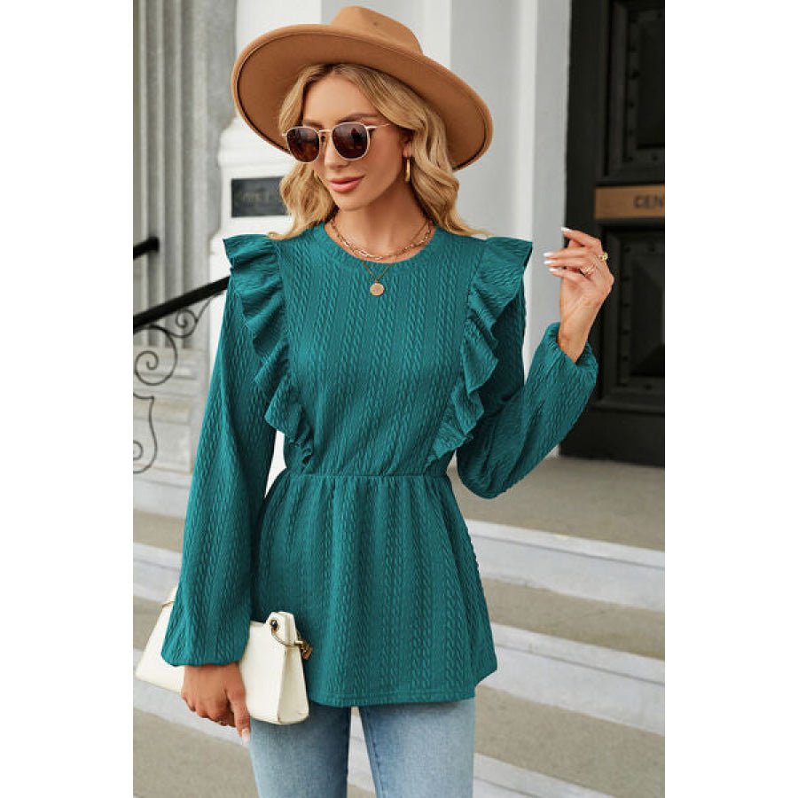 Ruffled Round Neck Balloon Sleeve Blouse Apparel and Accessories