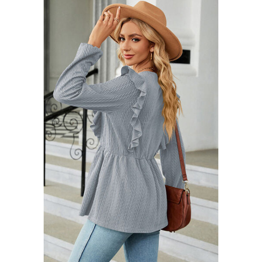 Ruffled Round Neck Balloon Sleeve Blouse Apparel and Accessories