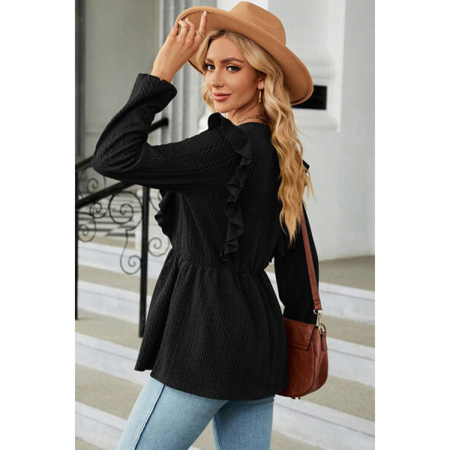 Ruffled Round Neck Balloon Sleeve Blouse Apparel and Accessories