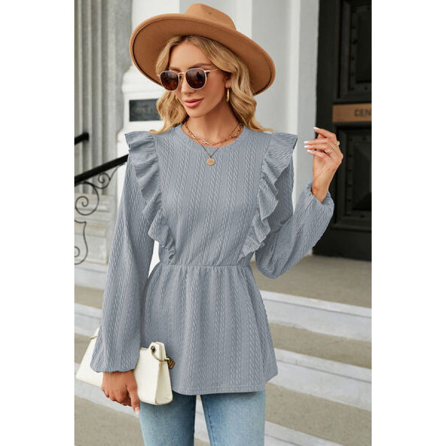 Ruffled Round Neck Balloon Sleeve Blouse Apparel and Accessories