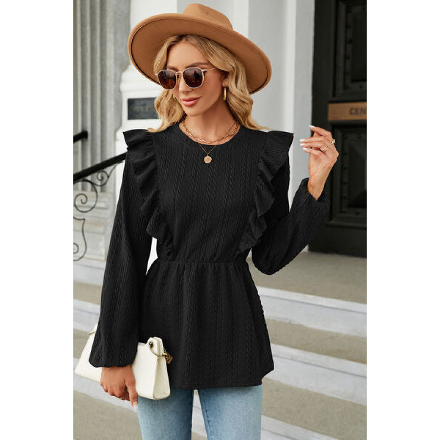 Ruffled Round Neck Balloon Sleeve Blouse Apparel and Accessories