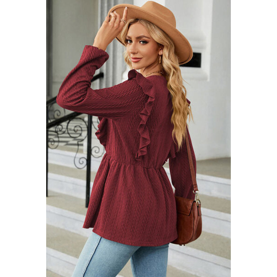 Ruffled Round Neck Balloon Sleeve Blouse Apparel and Accessories