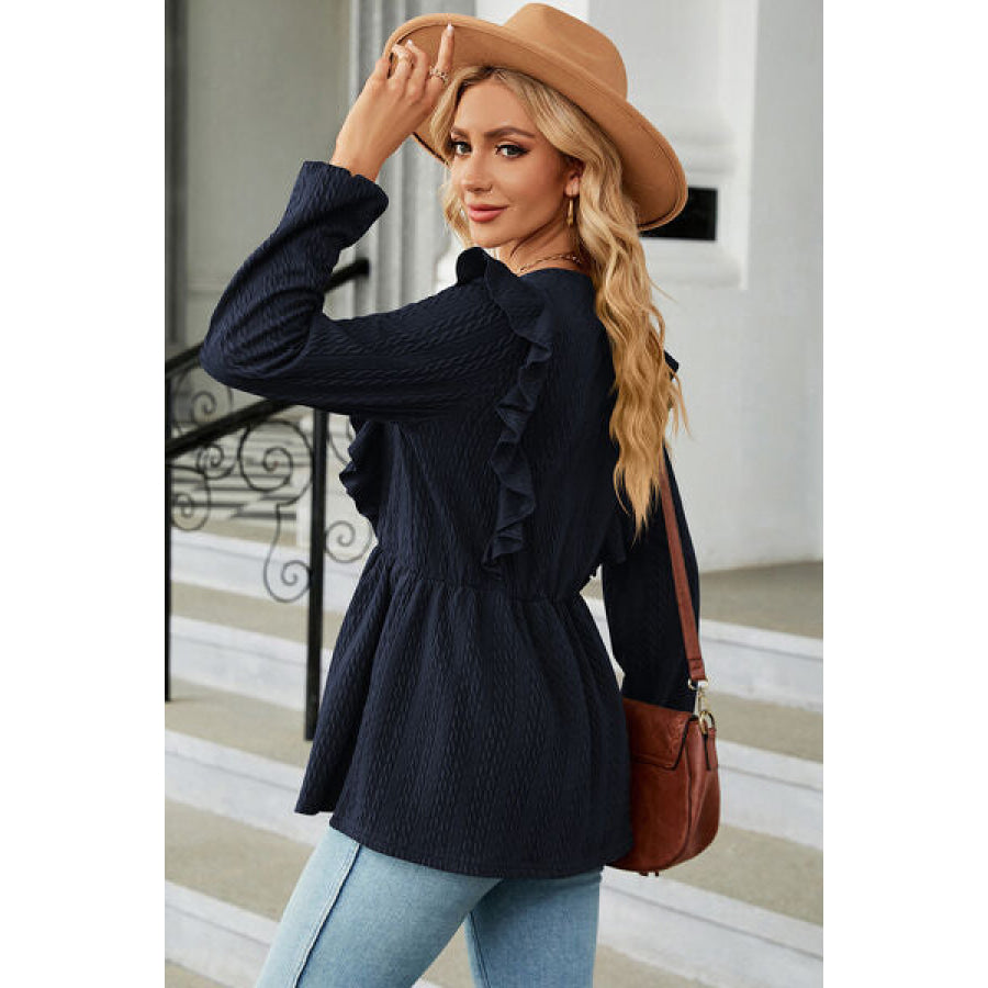 Ruffled Round Neck Balloon Sleeve Blouse Apparel and Accessories