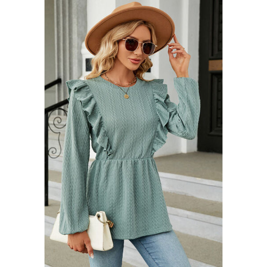 Ruffled Round Neck Balloon Sleeve Blouse Apparel and Accessories