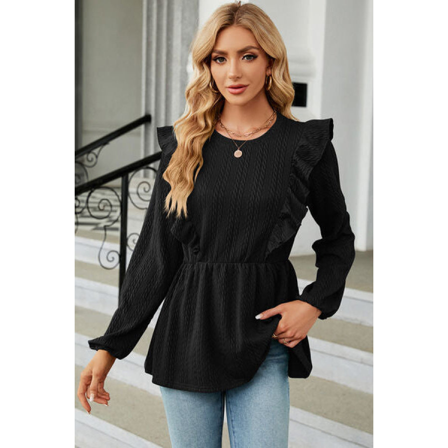 Ruffled Round Neck Balloon Sleeve Blouse Black / S Apparel and Accessories