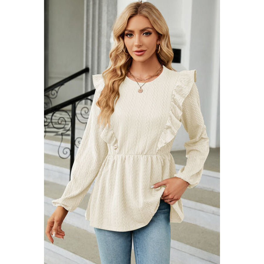 Ruffled Round Neck Balloon Sleeve Blouse Cream / S Apparel and Accessories