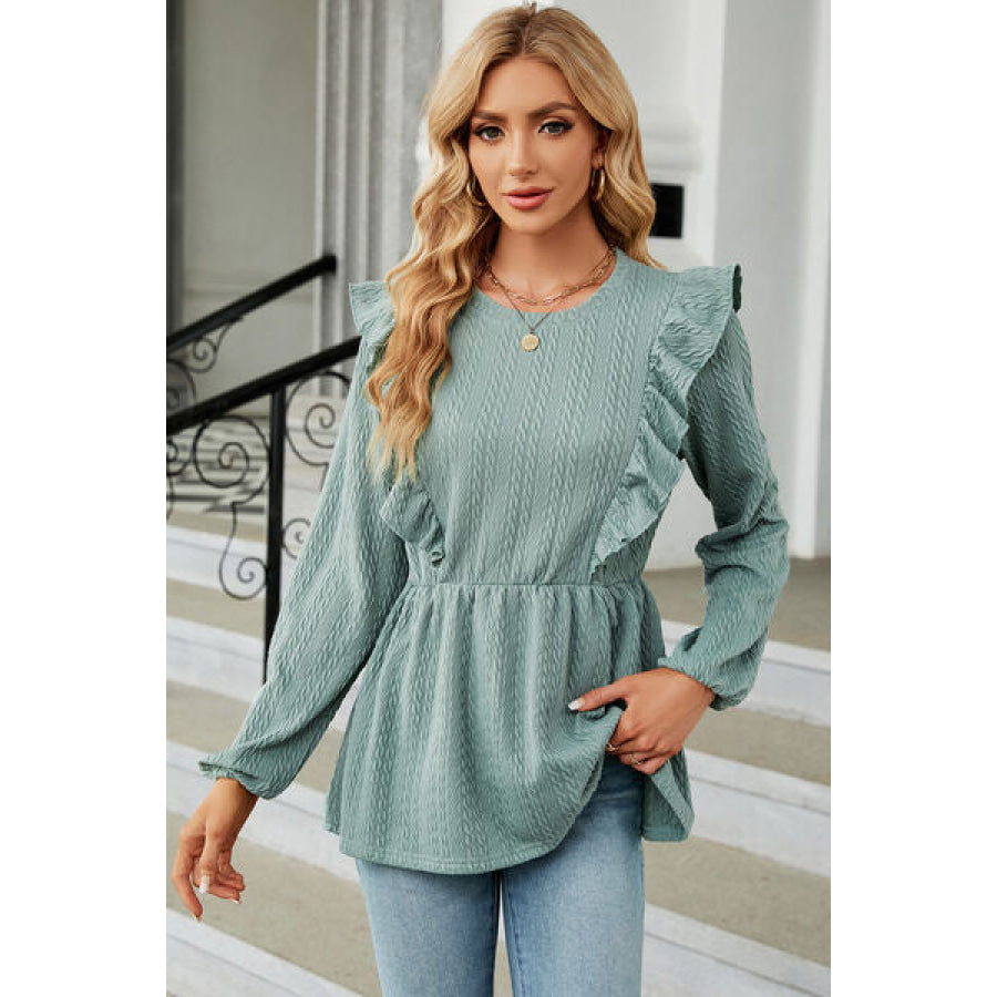 Ruffled Round Neck Balloon Sleeve Blouse Gum Leaf / S Apparel and Accessories