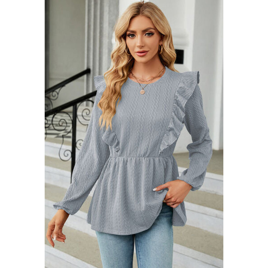 Ruffled Round Neck Balloon Sleeve Blouse Misty Blue / S Apparel and Accessories