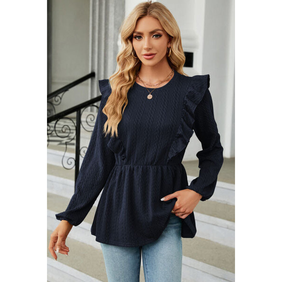 Ruffled Round Neck Balloon Sleeve Blouse Navy / S Apparel and Accessories