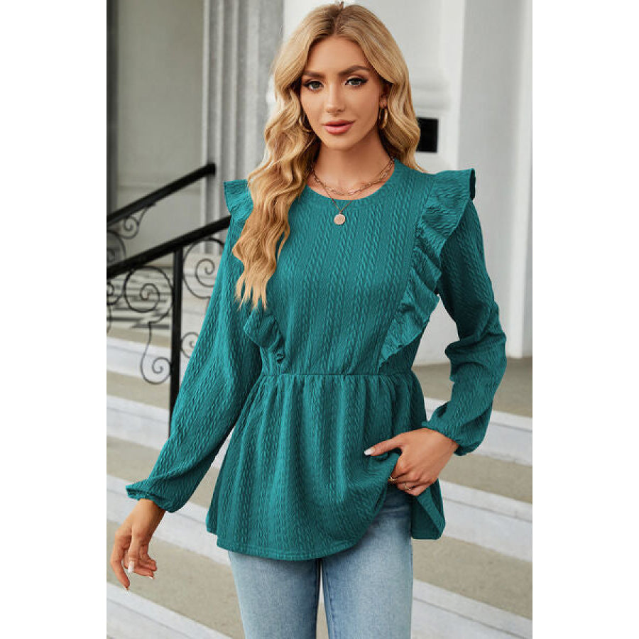 Ruffled Round Neck Balloon Sleeve Blouse Turquoise / S Apparel and Accessories