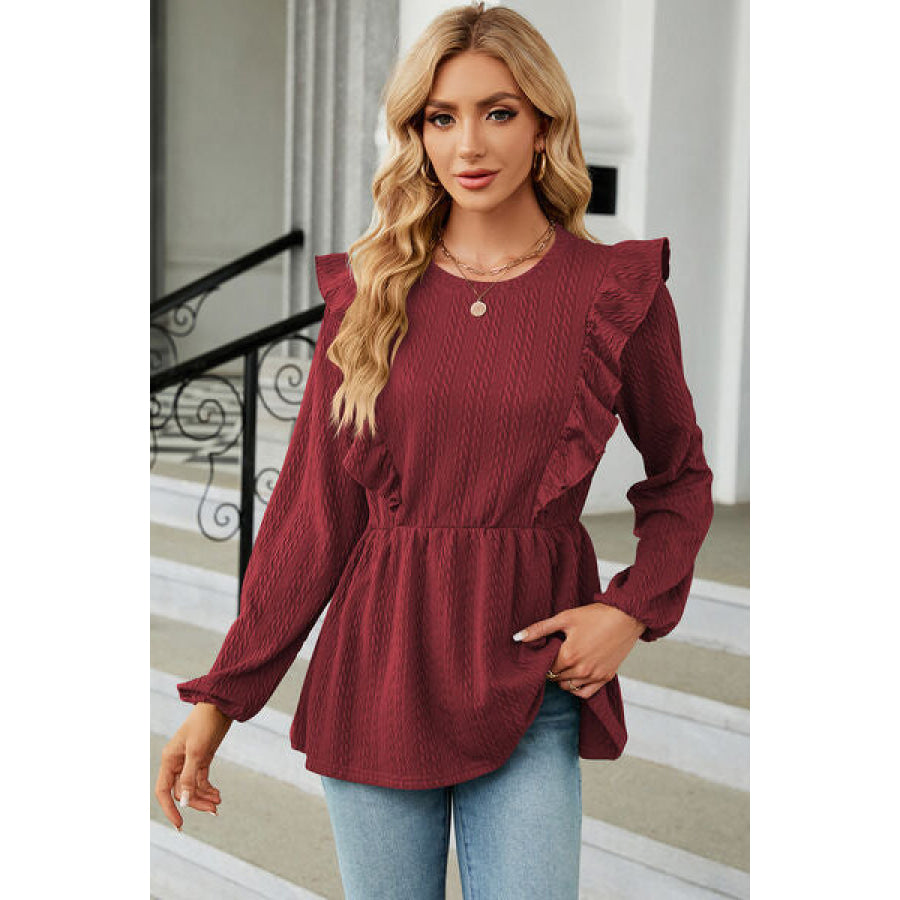 Ruffled Round Neck Balloon Sleeve Blouse Wine / S Apparel and Accessories