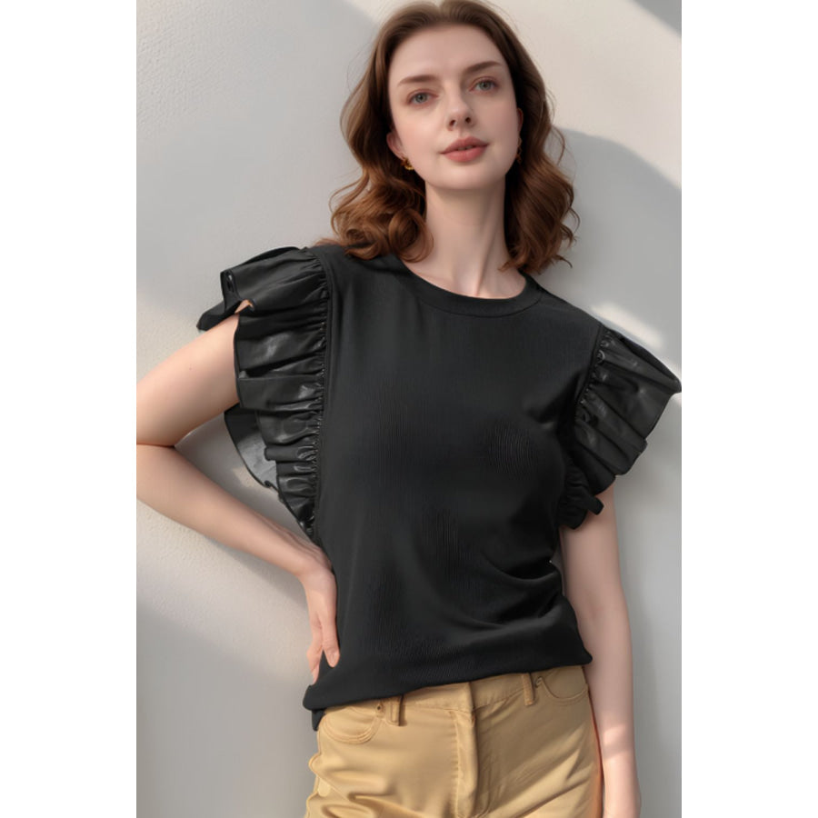 Ruffled Round Neck Cap Sleeve Blouse Apparel and Accessories