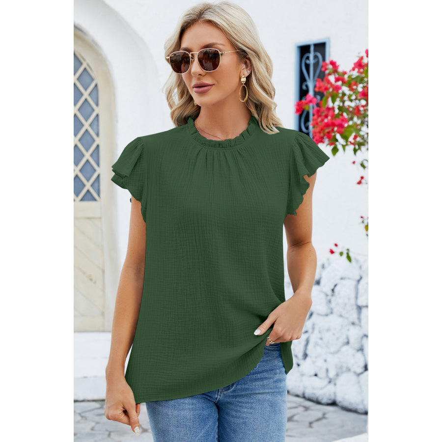 Ruffled Round Neck Cap Sleeve Blouse Apparel and Accessories