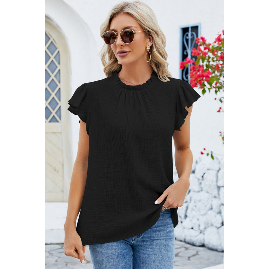 Ruffled Round Neck Cap Sleeve Blouse Apparel and Accessories