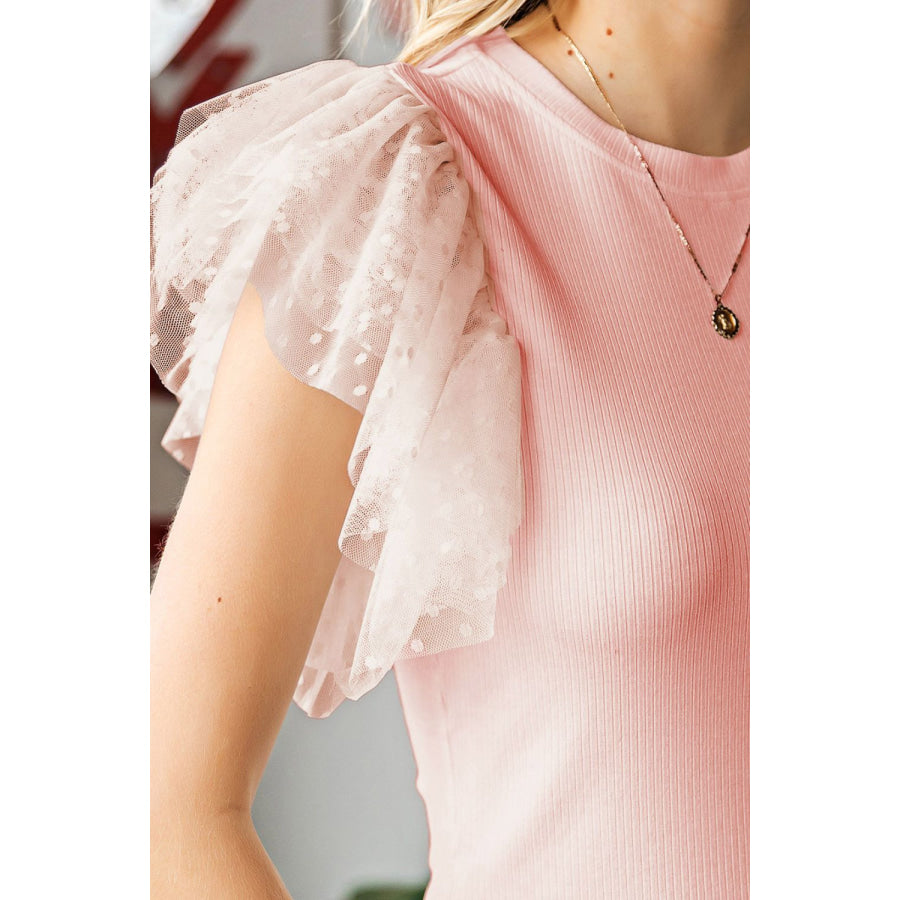 Ruffled Round Neck Cap Sleeve Blouse Apparel and Accessories