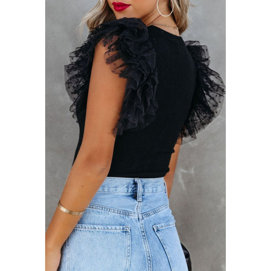 Ruffled Round Neck Cap Sleeve Blouse Apparel and Accessories