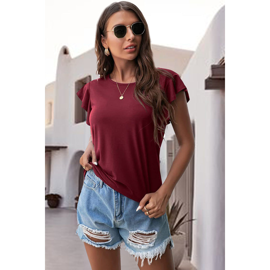 Ruffled Round Neck Cap Sleeve Blouse Apparel and Accessories