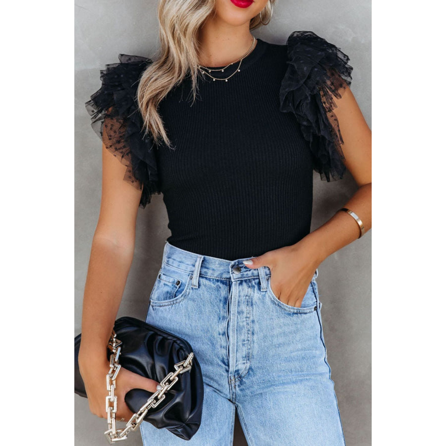 Ruffled Round Neck Cap Sleeve Blouse Apparel and Accessories