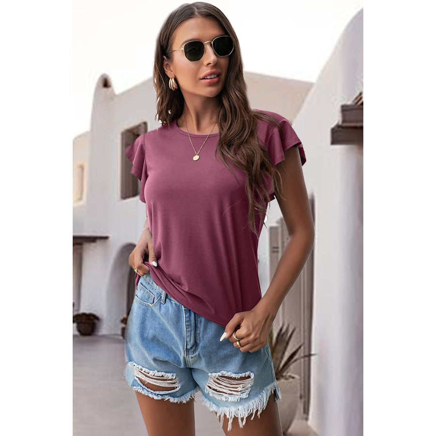 Ruffled Round Neck Cap Sleeve Blouse Apparel and Accessories