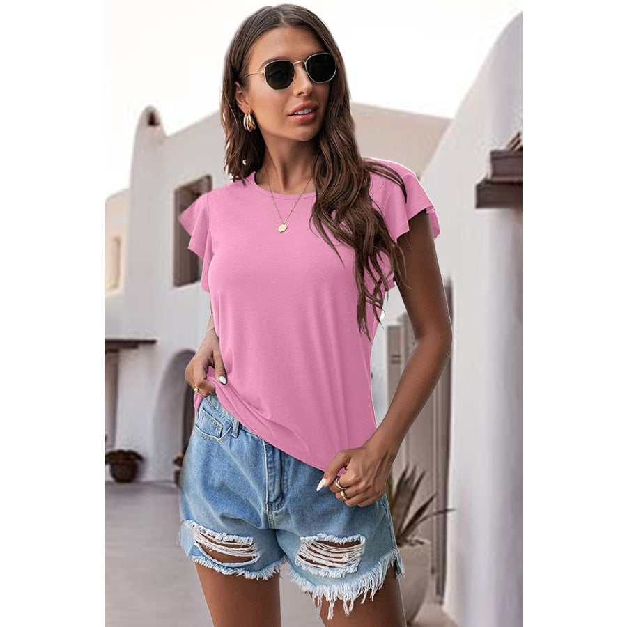 Ruffled Round Neck Cap Sleeve Blouse Apparel and Accessories