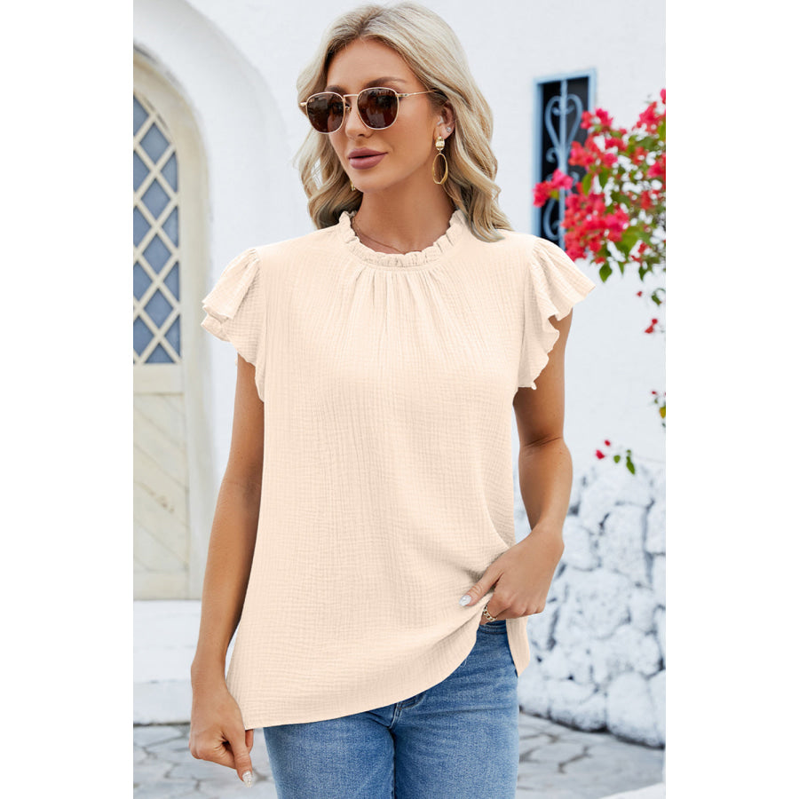 Ruffled Round Neck Cap Sleeve Blouse Apparel and Accessories