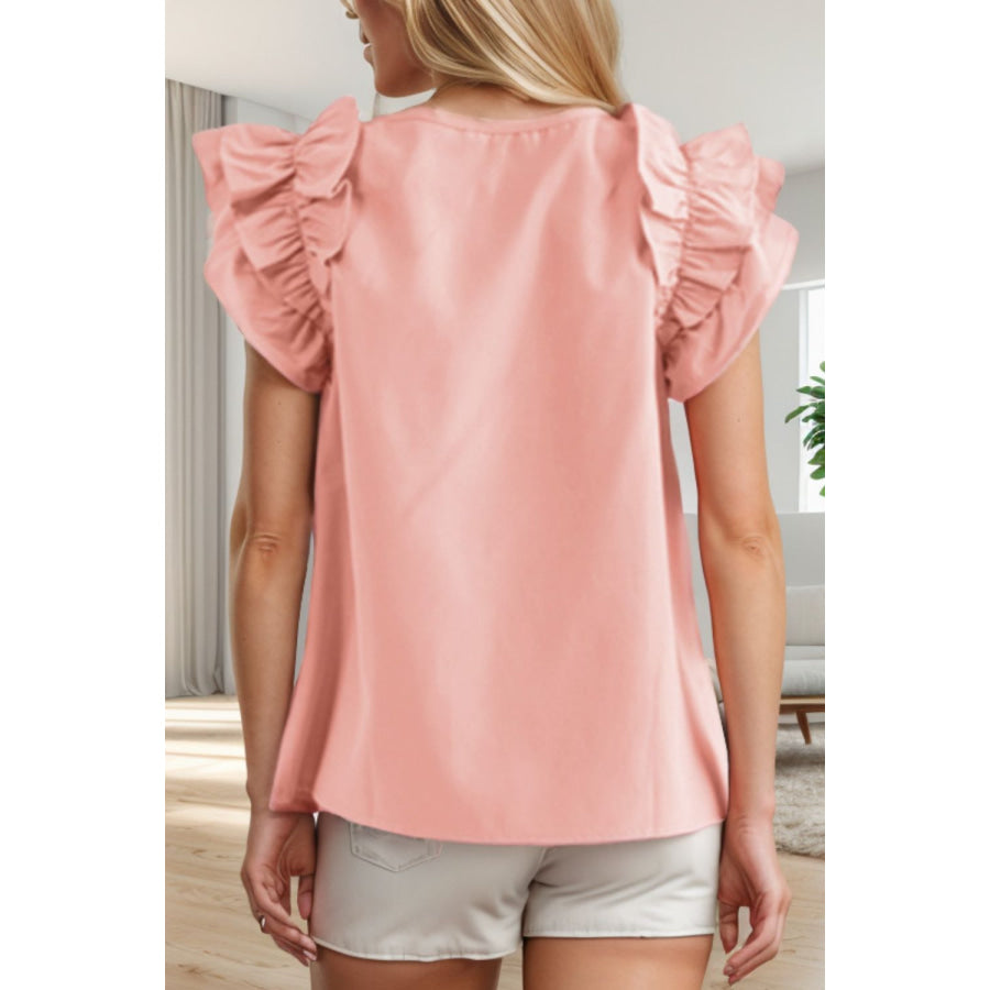 Ruffled Round Neck Cap Sleeve Blouse Apparel and Accessories