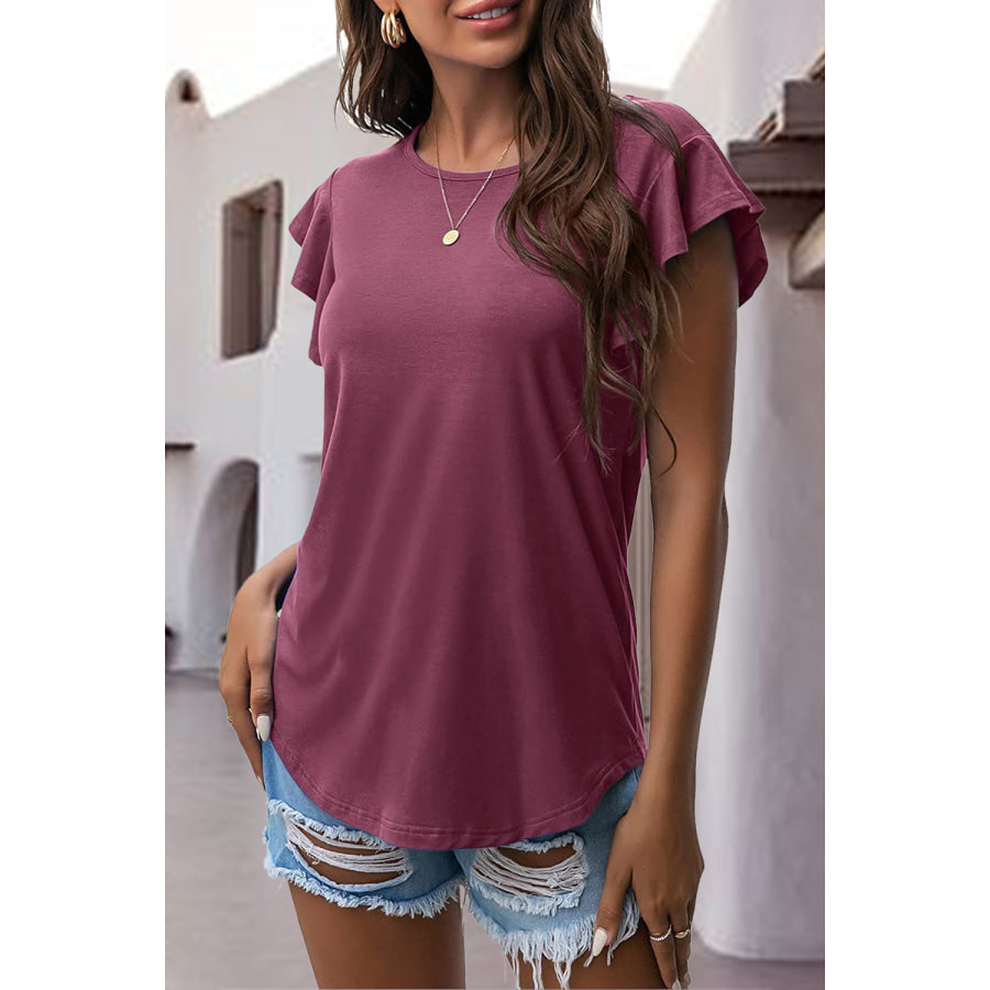 Ruffled Round Neck Cap Sleeve Blouse Apparel and Accessories