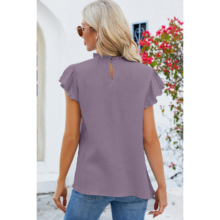 Ruffled Round Neck Cap Sleeve Blouse Apparel and Accessories