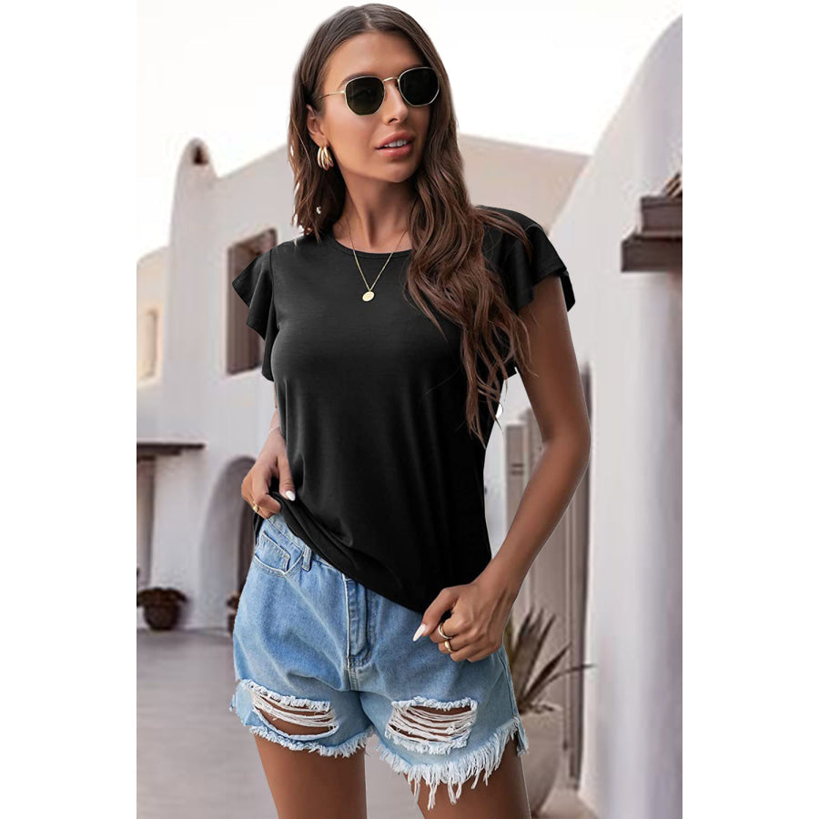 Ruffled Round Neck Cap Sleeve Blouse Apparel and Accessories