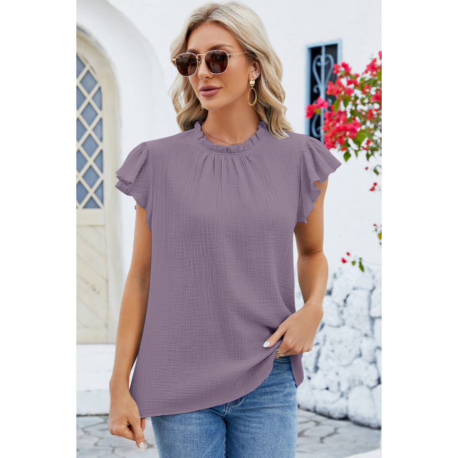 Ruffled Round Neck Cap Sleeve Blouse Apparel and Accessories