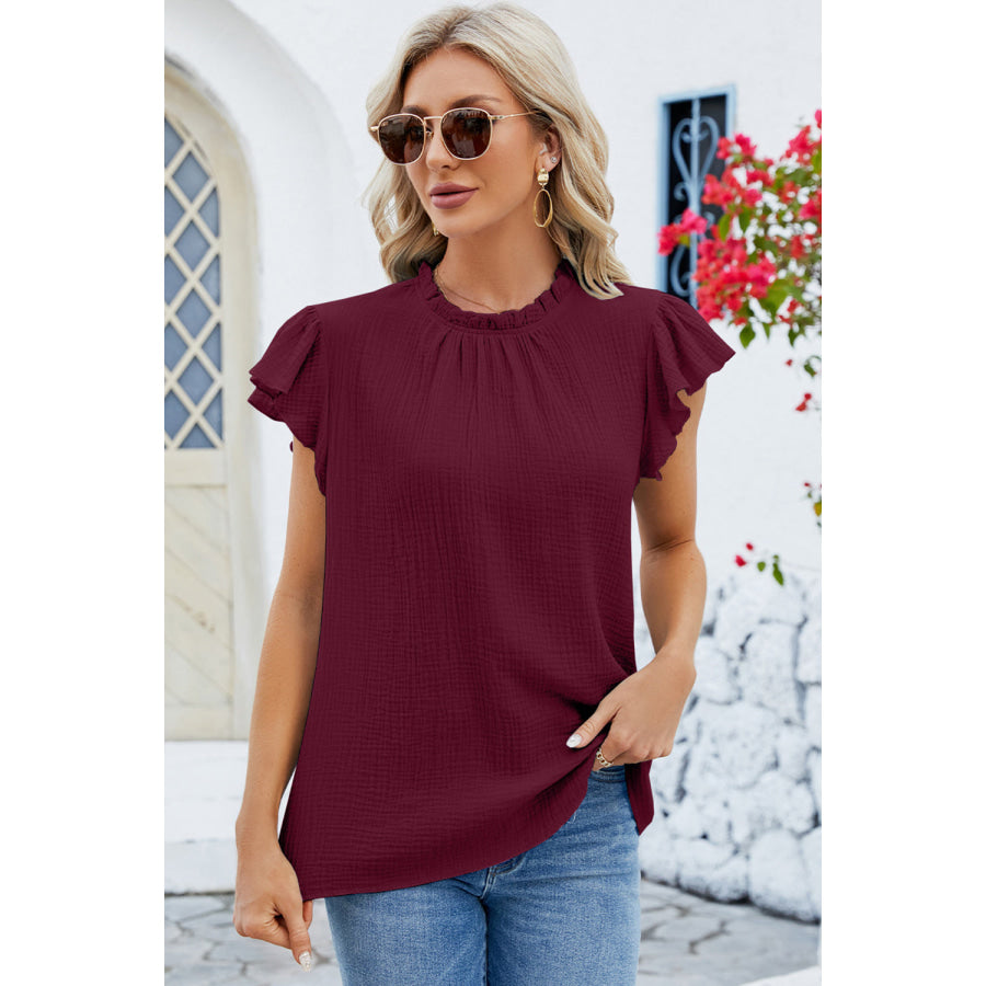 Ruffled Round Neck Cap Sleeve Blouse Apparel and Accessories