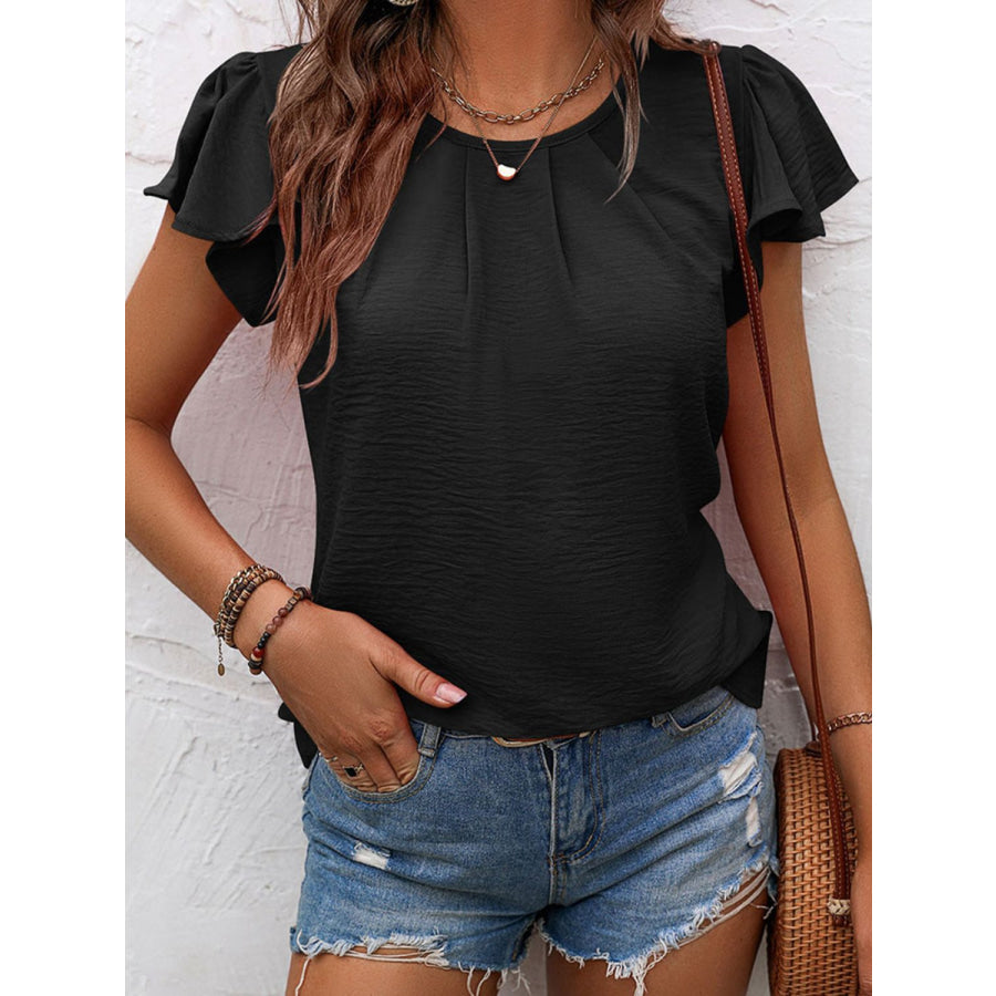 Ruffled Round Neck Cap Sleeve Blouse Black / S Apparel and Accessories