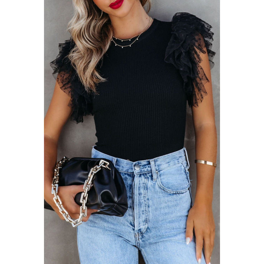 Ruffled Round Neck Cap Sleeve Blouse Black / S Apparel and Accessories