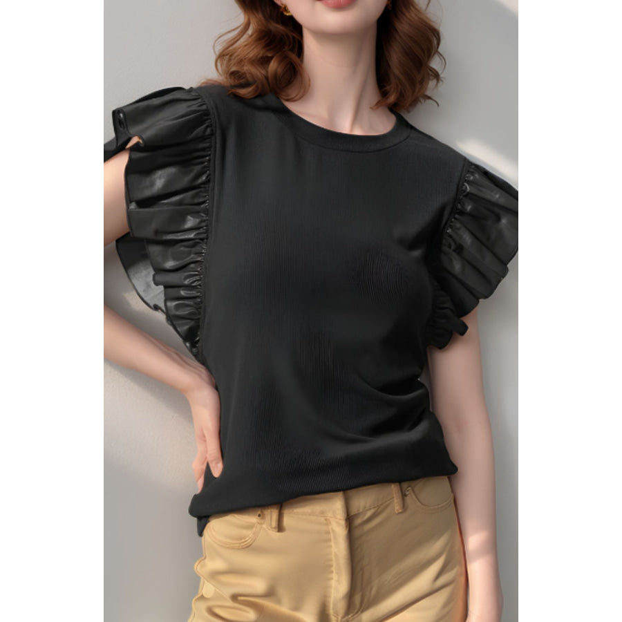 Ruffled Round Neck Cap Sleeve Blouse Black / S Apparel and Accessories