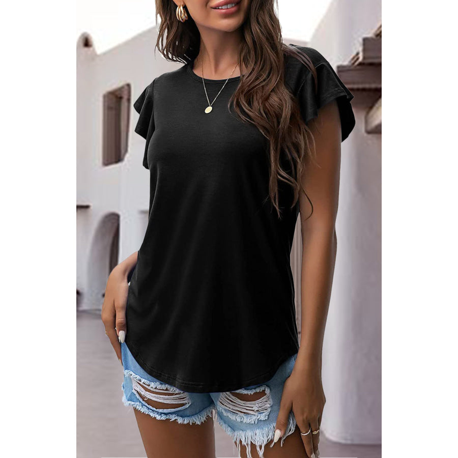 Ruffled Round Neck Cap Sleeve Blouse Black / S Apparel and Accessories