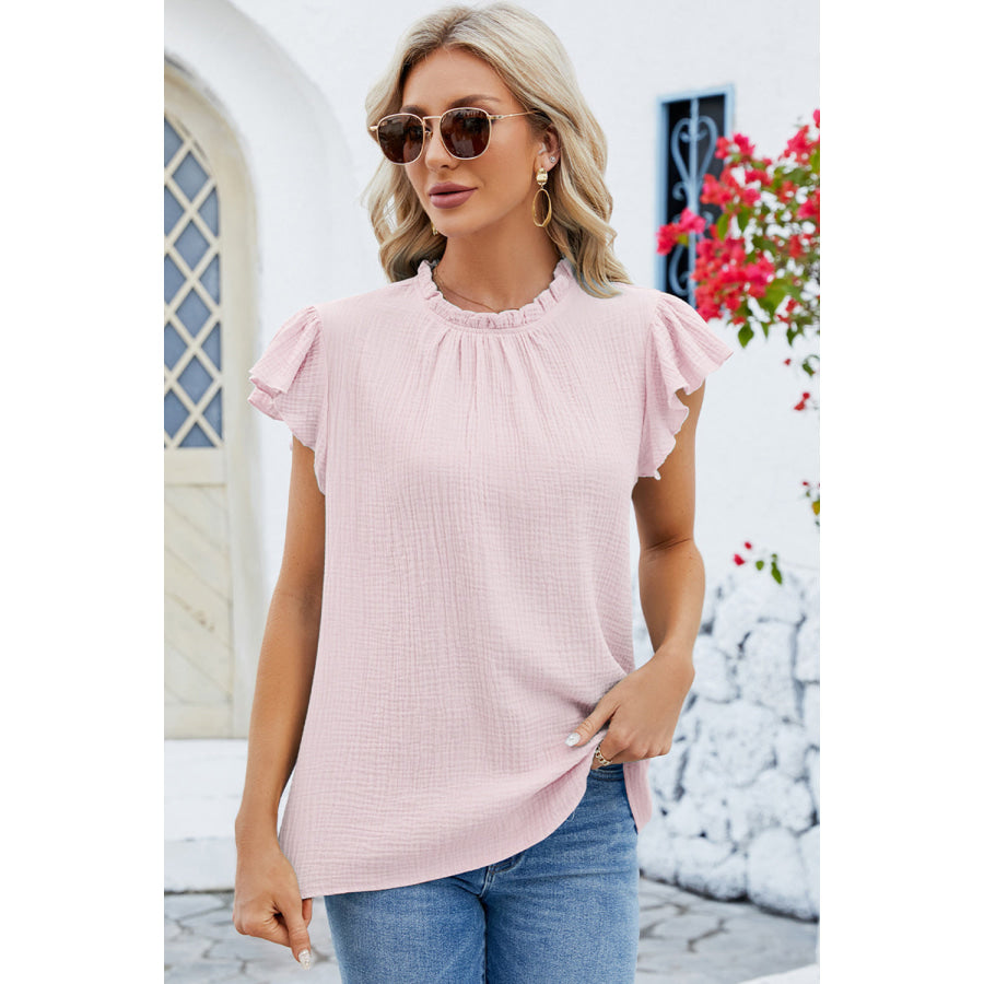 Ruffled Round Neck Cap Sleeve Blouse Blush Pink / S Apparel and Accessories