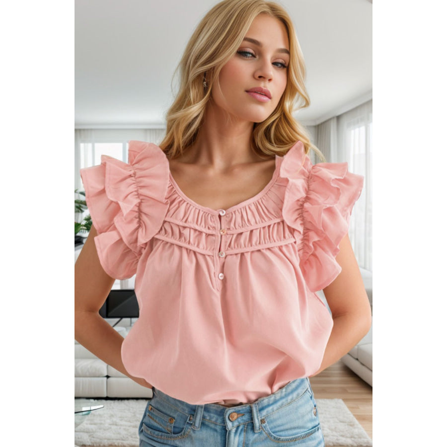 Ruffled Round Neck Cap Sleeve Blouse Blush Pink / S Apparel and Accessories