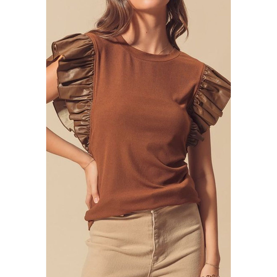 Ruffled Round Neck Cap Sleeve Blouse Brown / S Apparel and Accessories