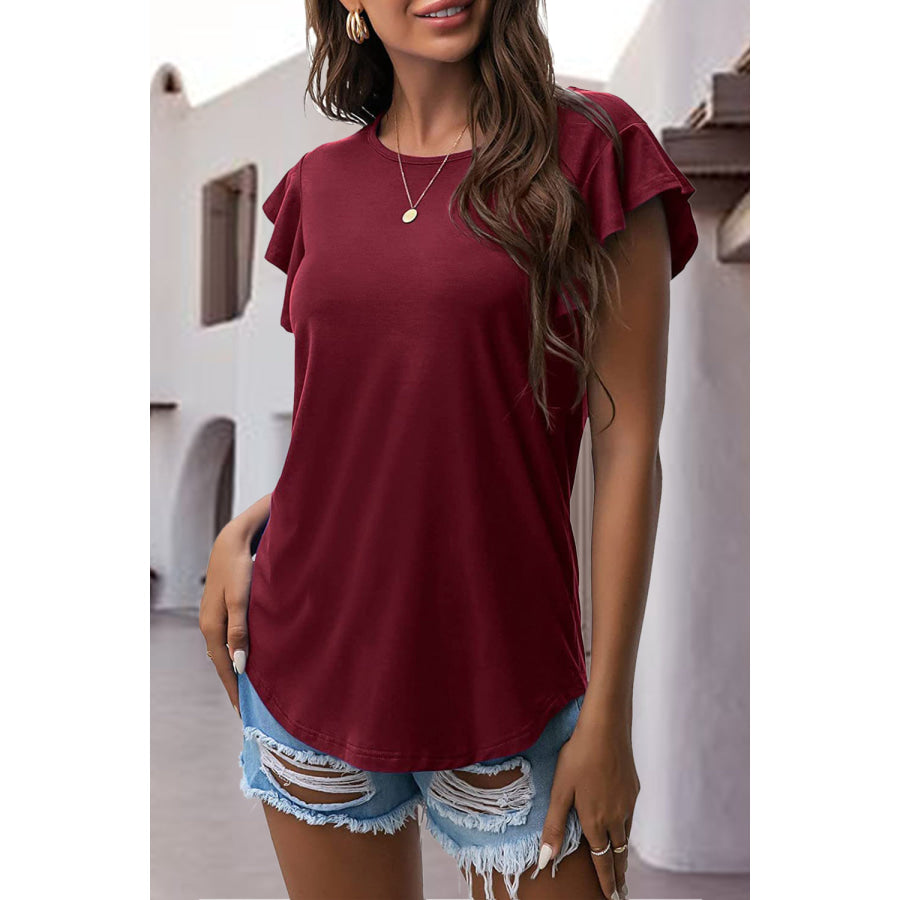 Ruffled Round Neck Cap Sleeve Blouse Burgundy / S Apparel and Accessories