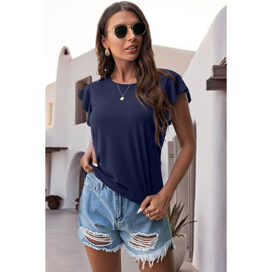 Ruffled Round Neck Cap Sleeve Blouse Dark Blue / S Apparel and Accessories