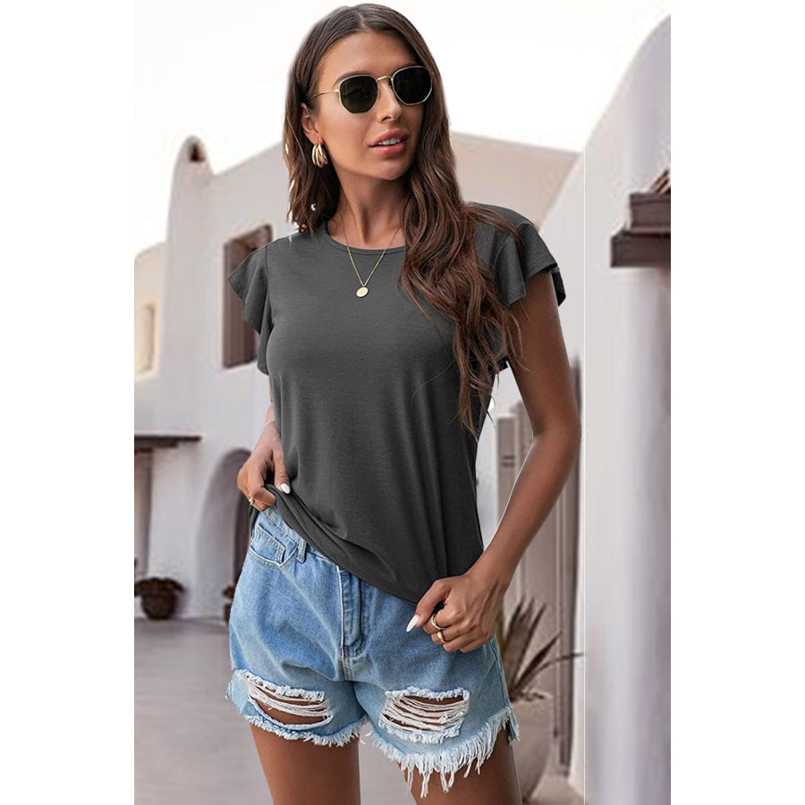 Ruffled Round Neck Cap Sleeve Blouse Dark Gray / S Apparel and Accessories