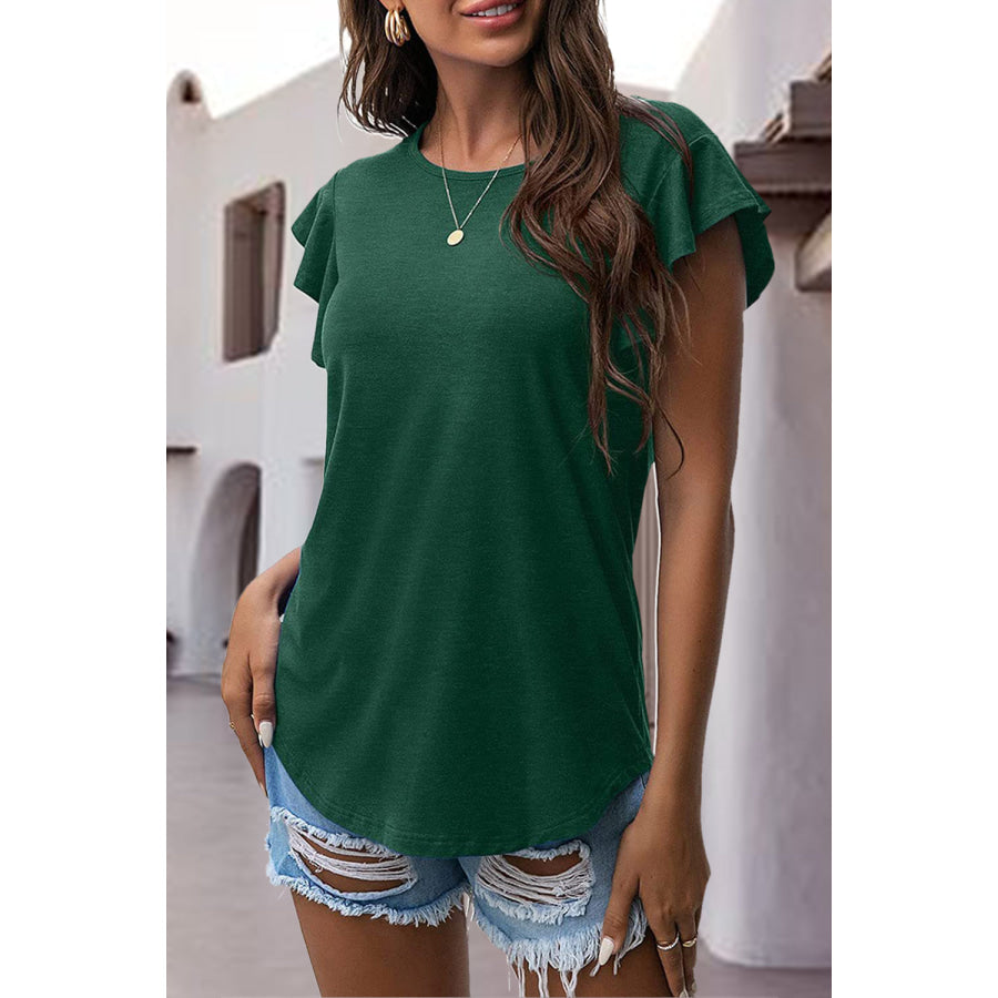 Ruffled Round Neck Cap Sleeve Blouse Dark Green / S Apparel and Accessories