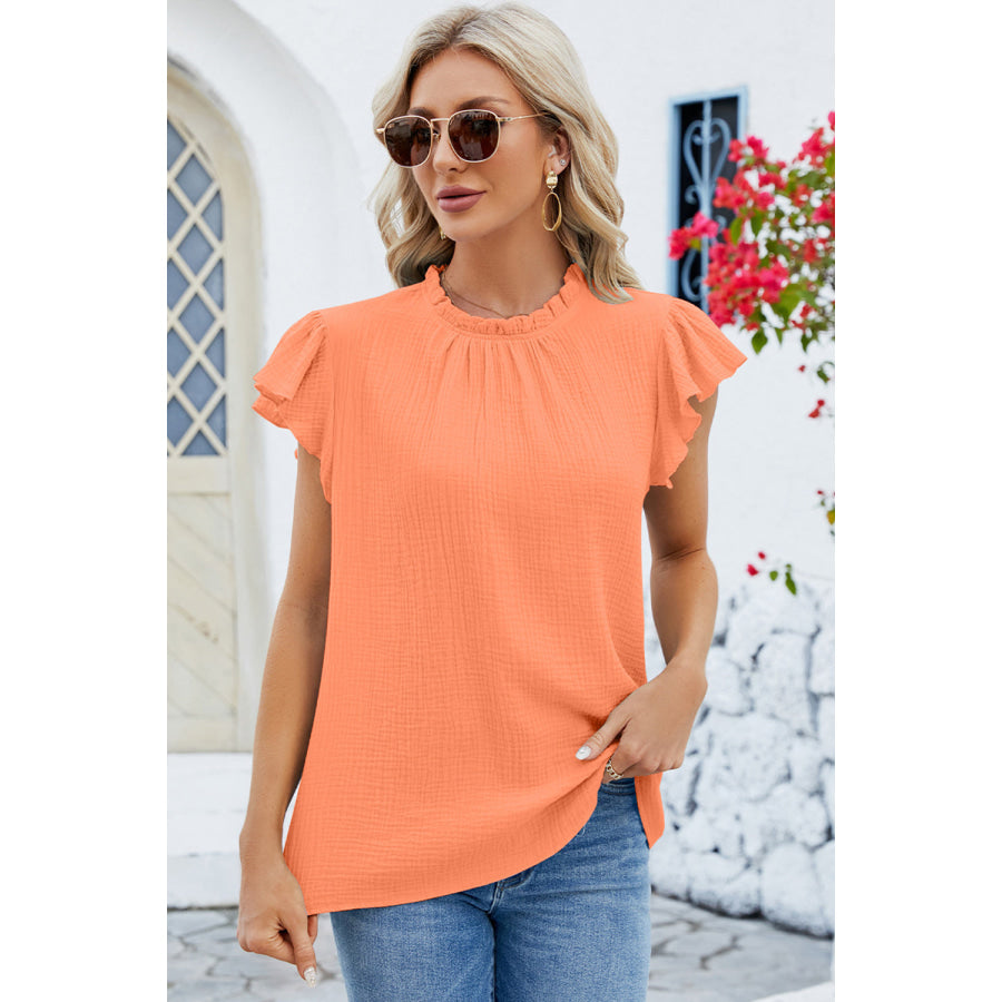 Ruffled Round Neck Cap Sleeve Blouse Orange / S Apparel and Accessories